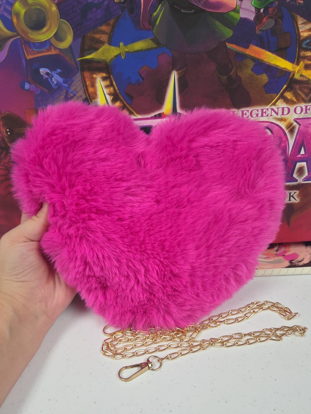 Heart-Shaped Faux Fur Crossbody Bag - Hot Pink